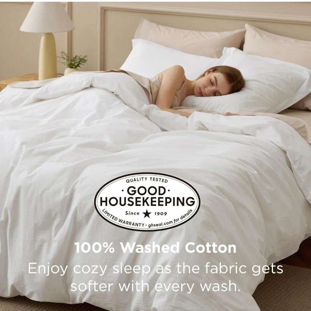 Bedsure 100% Washed Cotton Duvet Cover King Size Natural White Minimalist Beddin